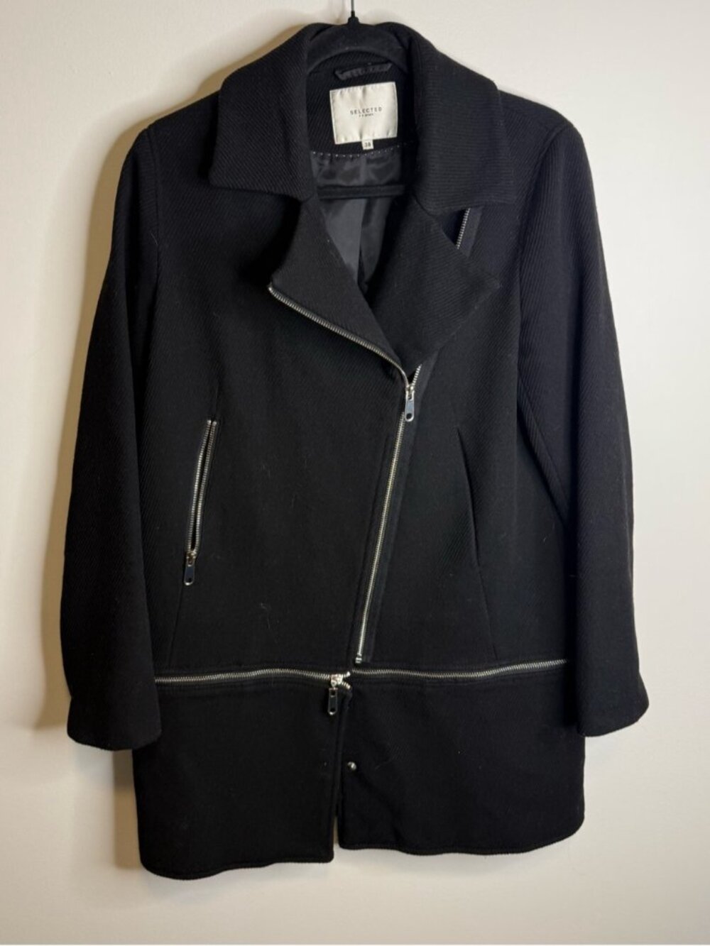 Selected Femme Black Asymmetrical Zip Pea Coat size 38